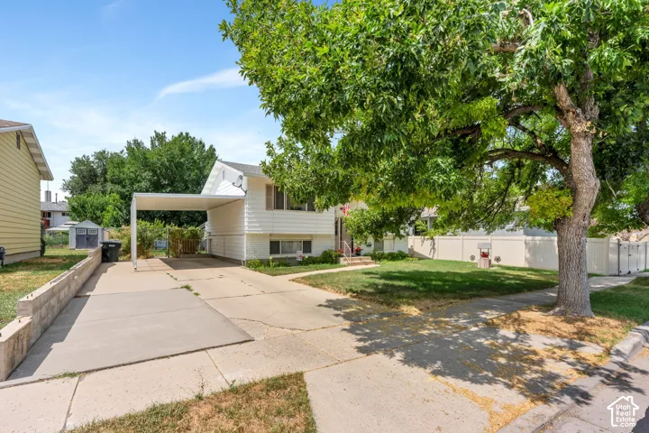 Carport parking, concrete driveway, and established front lawn