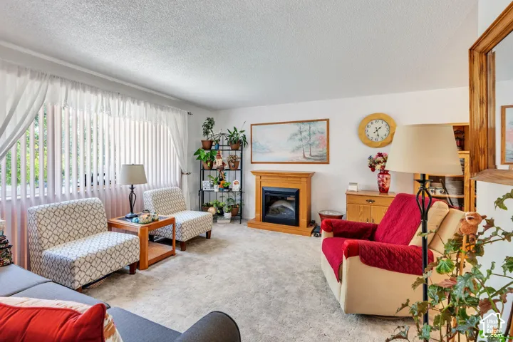 Living area with carpeting, a large window, a built-in fireplace with a wood-finish mantel, and a wall-mounted mirror
