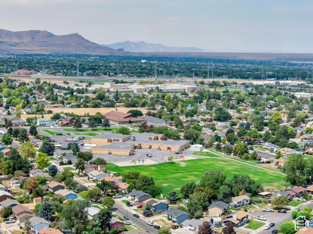 Aerial perspective showcasing a residential area with varied housing styles