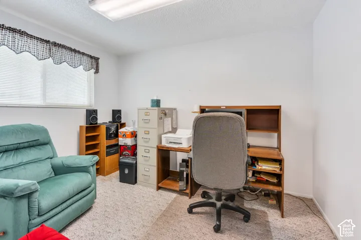 Recessed fluorescent ceiling light fixture, white walls, and light-colored carpet flooring