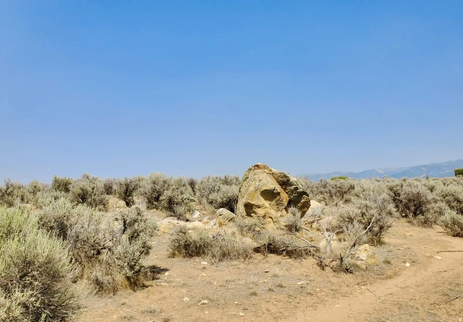 Expansive natural landscape with native brush, exposed rock formations, and a clear blue sky overhead