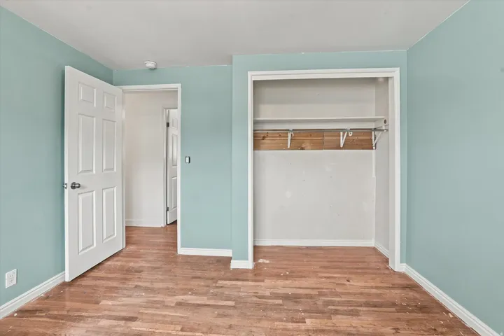 Wood-finish flooring, built-in closet shelving with hanging rod, six-panel interior doors, and crisp white trim