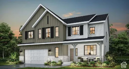 Modern farmhouse exterior with dark trim windows, covered front porch, attached garage, and stone accents