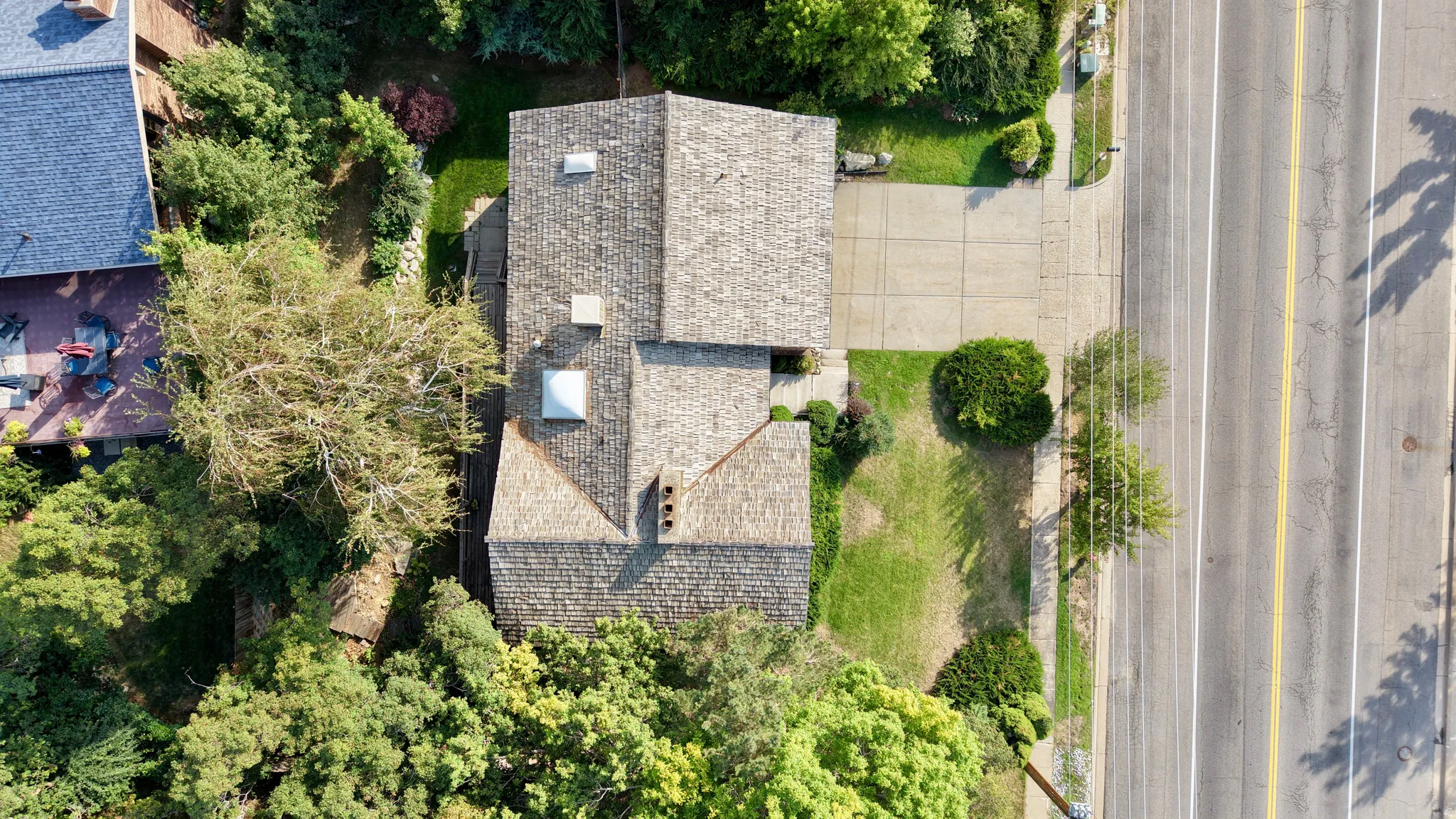 Shingle roof architecture with skylights, multiple chimneys, a concrete driveway, and surrounding mature trees and landscaping