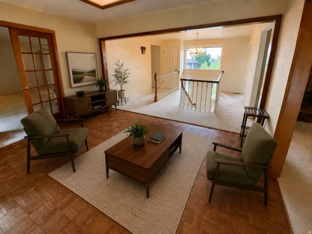 Parquet wood-finish flooring, French doors with glass panels, integrated ceiling lighting, and a staircase with wood railings