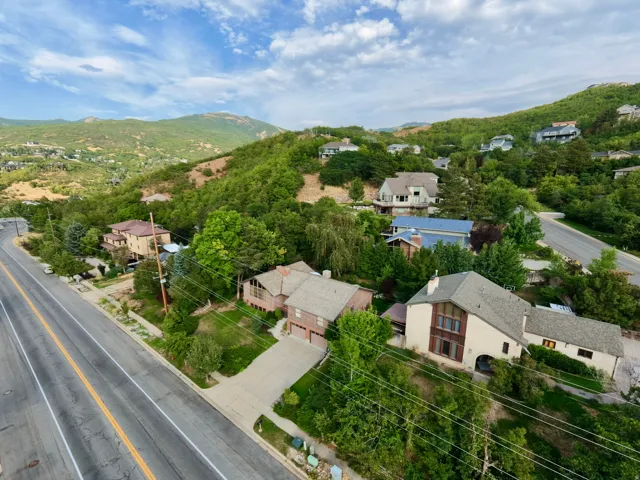Lush, tree-covered hillside setting with varied architectural styles
