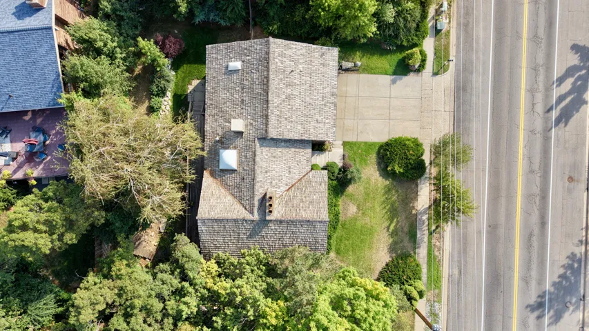 Shingle roof architecture with skylights, multiple chimneys, a concrete driveway, and surrounding mature trees and landscaping