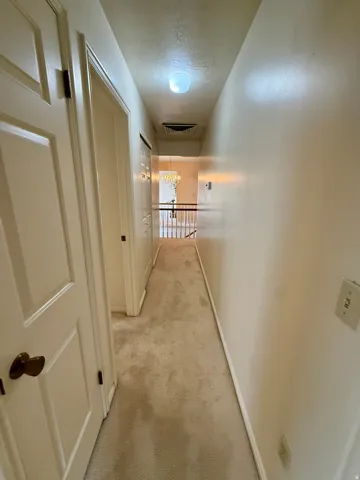 Carpeted hallway with painted walls and ceiling-mounted light fixture