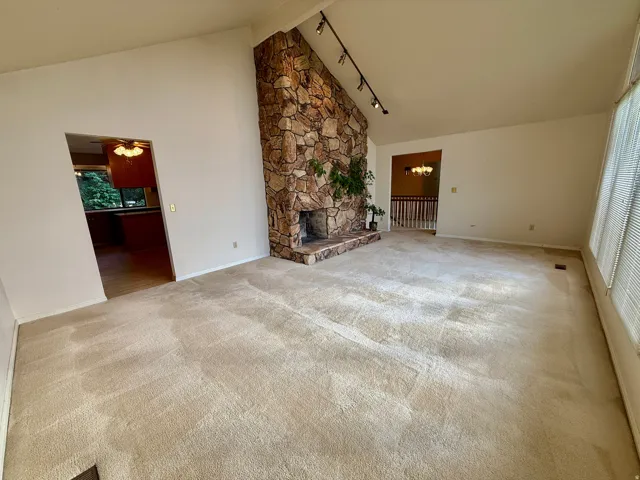 Vaulted ceiling with track lighting, stone fireplace with a raised hearth, and large windows with blinds