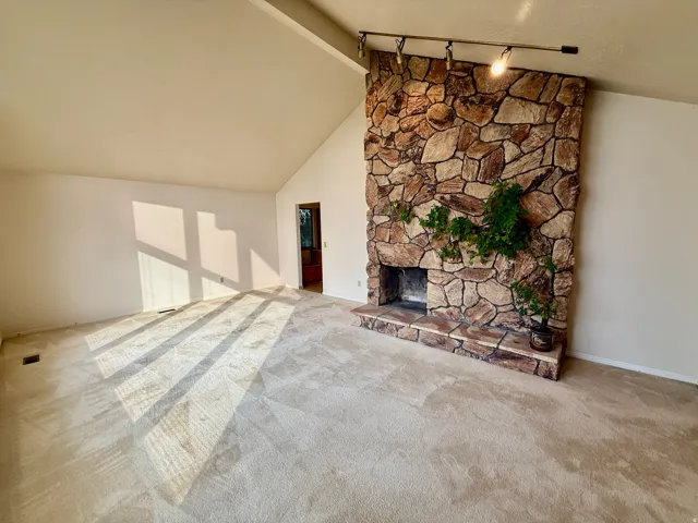 Vaulted ceiling, stone fireplace with hearth, track lighting, and neutral carpeting