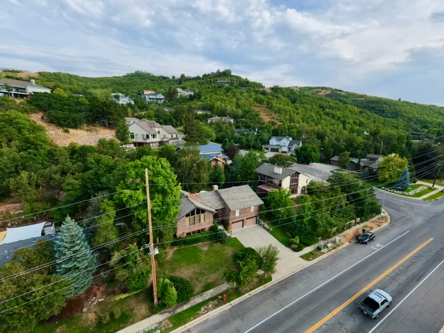 Hillside setting with mature trees and established landscaping