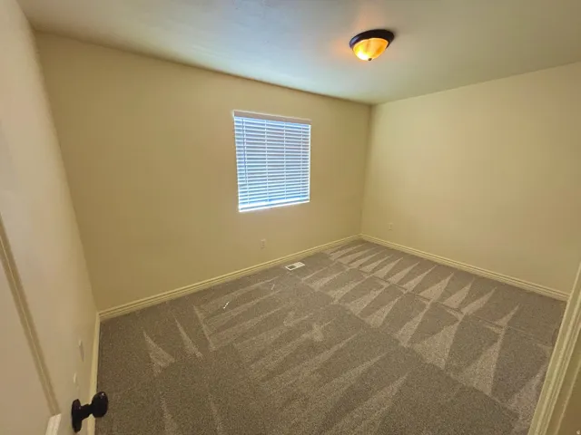 Neutral paint palette, textured carpeting, window with blinds, and ceiling-mounted light fixture