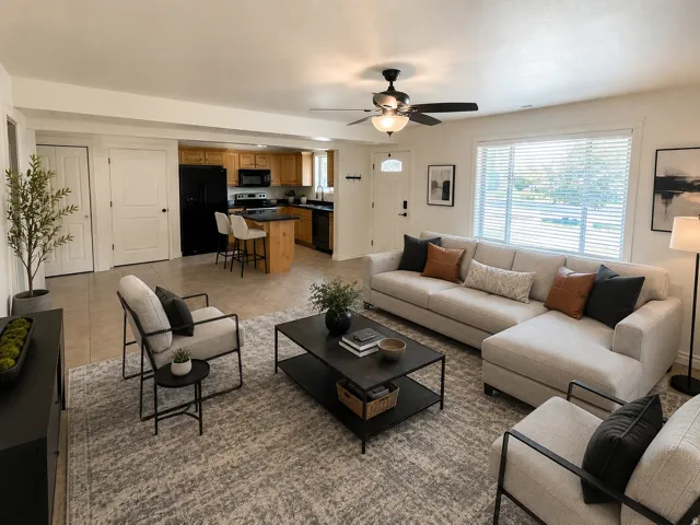 Staged great room, main floor.