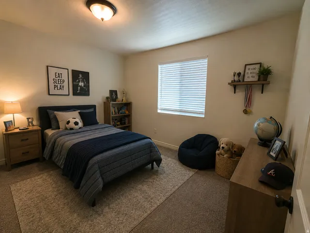 Carpet flooring throughout, single window with blinds, wall-mounted light fixture, and neutral wall tones