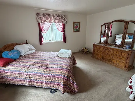 Carpeted bedroom with a window featuring vertical blinds