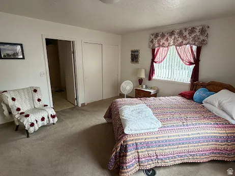 Wall-to-wall carpeting with an adjacent doorway, window with vertical blinds, and a built-in closet with sliding doors