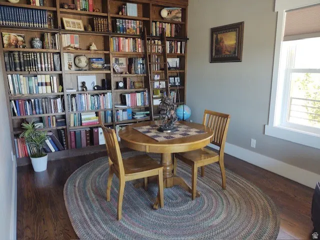Built-in wood shelving with a rolling ladder, wood-finish flooring, and a large window