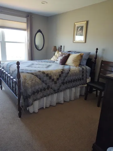 Wall-to-wall carpeting, recessed ceiling lighting, and a large window with roller shade