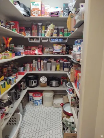 Walk-in pantry with extensive shelving and hexagonal tile flooring