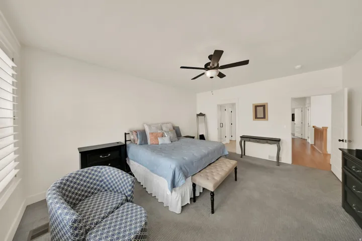 Plush carpet flooring, ceiling fan, white paneled doors, and white plantation shutters