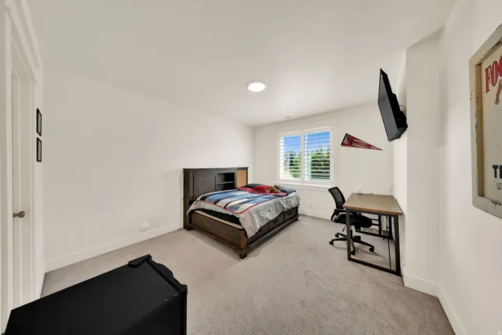 Recessed lighting, light-colored carpeting, and window with plantation shutters