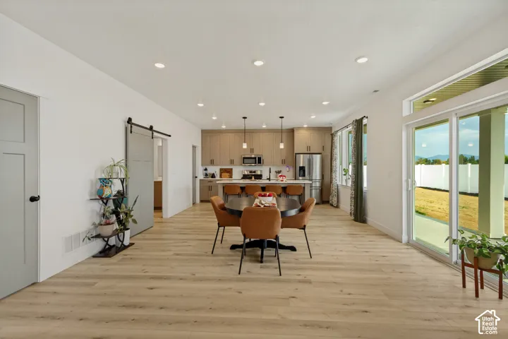 Wood-finish flooring throughout, modern kitchen cabinetry, recessed lighting, sliding glass door, and a barn door entry