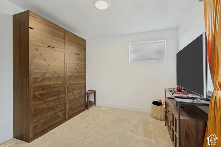 Built-in wood-finish cabinetry, neutral carpeting, and a recessed ceiling light
