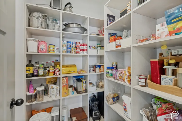 Built-in pantry shelving featuring white finishes and a dark door handle