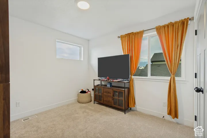 White walls with carpeting, featuring multiple windows, and a recessed ceiling light fixture