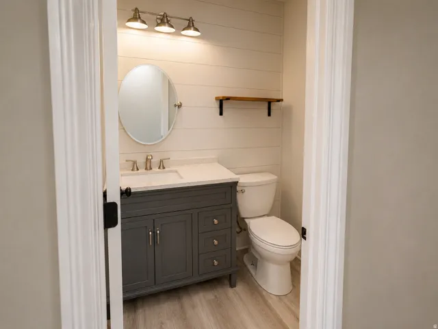 Shiplap accent wall, gray vanity with white countertop, oval mirror, brushed nickel faucet, and wood-finish flooring