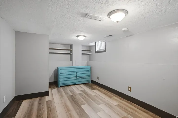 Wood-finish flooring, built-in shelving, flush-mount ceiling lights, and window with blinds