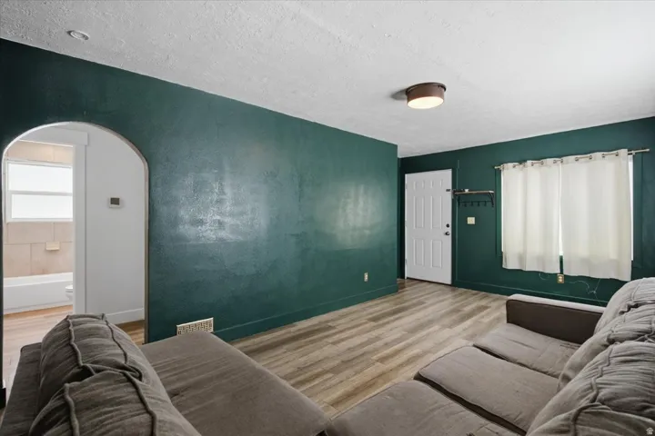 Living area featuring wood-finish flooring, a white paneled entry door, and an arched doorway