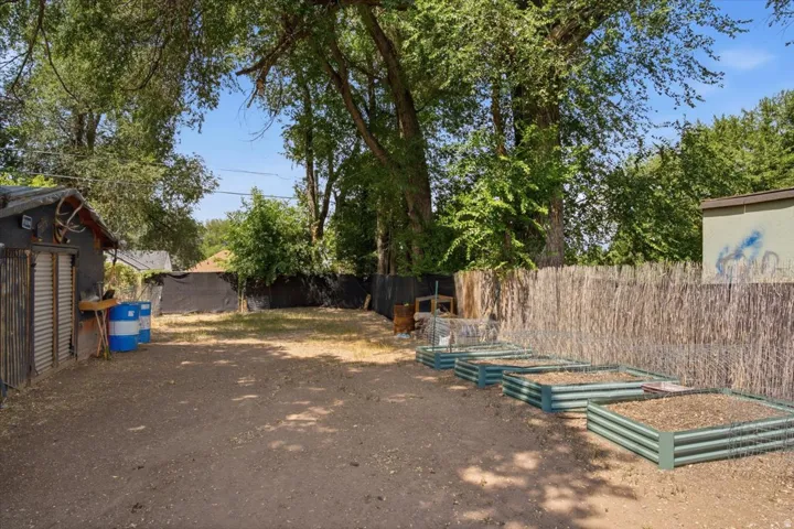 Expansive outdoor space featuring a detached storage shed, multiple raised garden beds, and mature trees providing natural shade