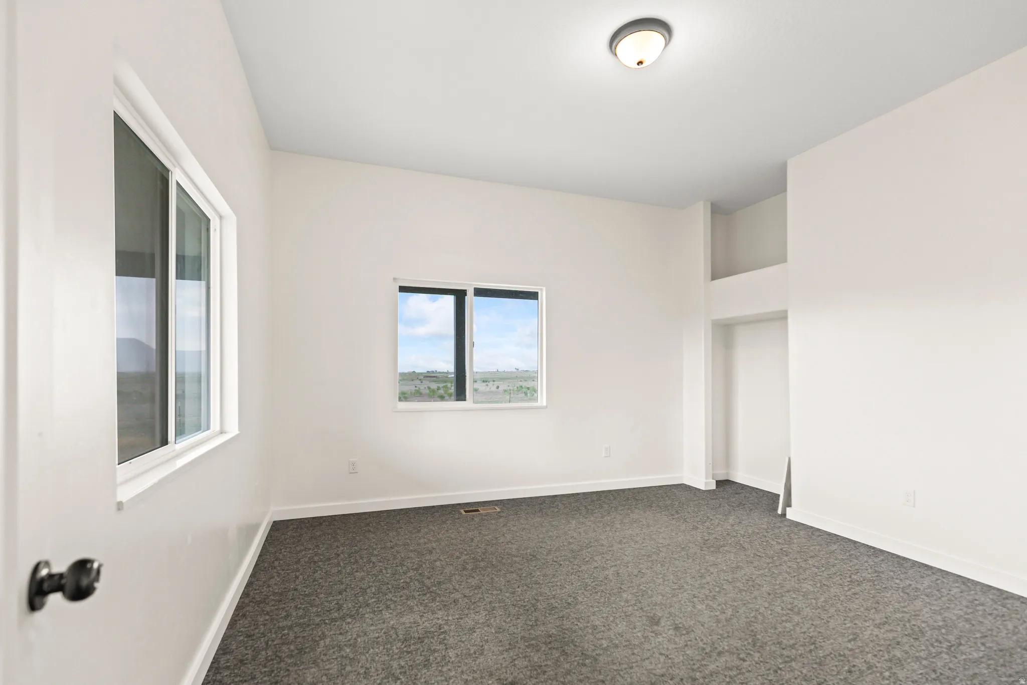 Neutral wall tones, gray carpeting, dual windows, and an integrated ceiling light fixture