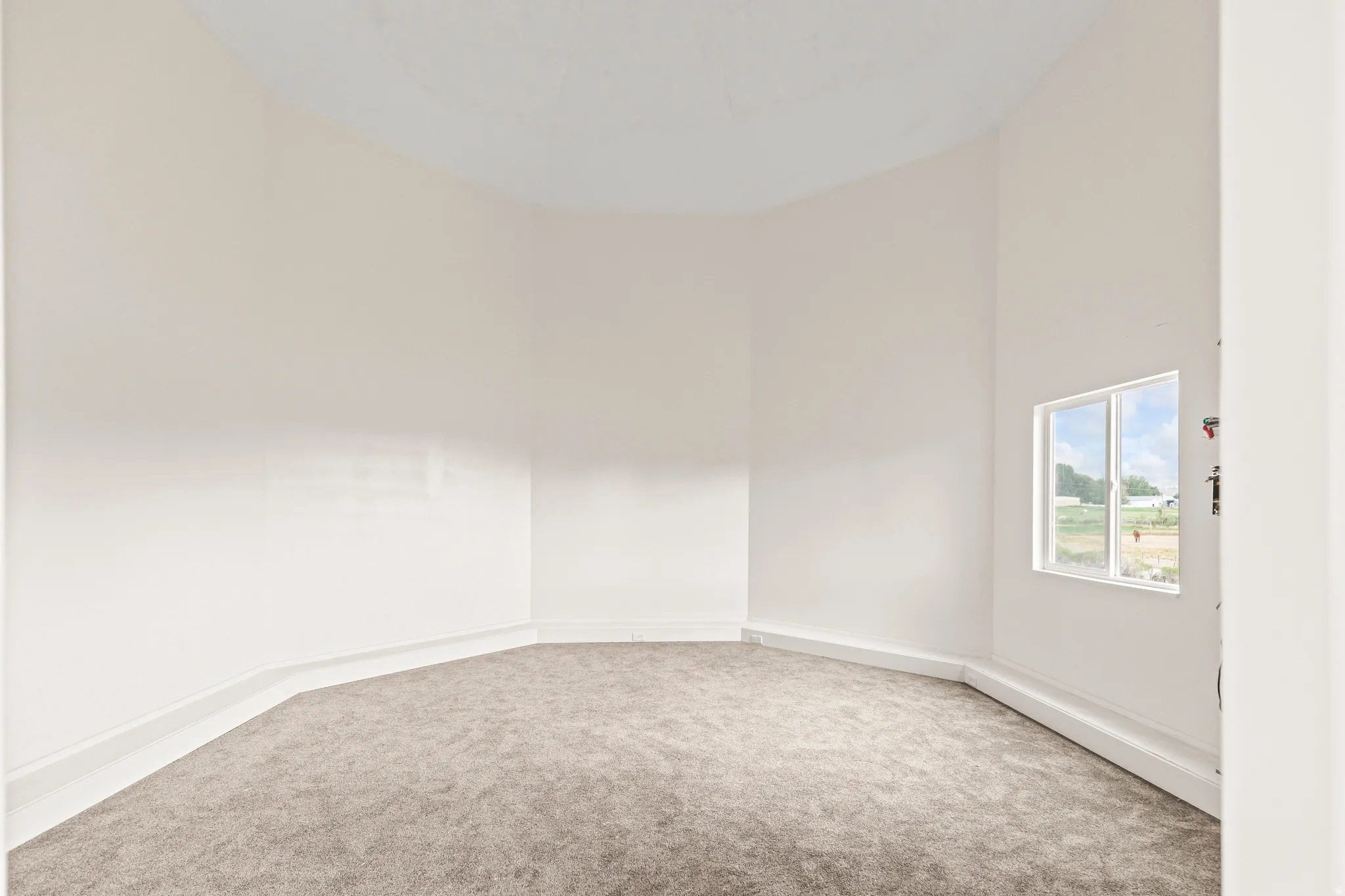 Curved architectural wall, window with exterior exposure, textured carpeting, white baseboards, and neutral wall tones