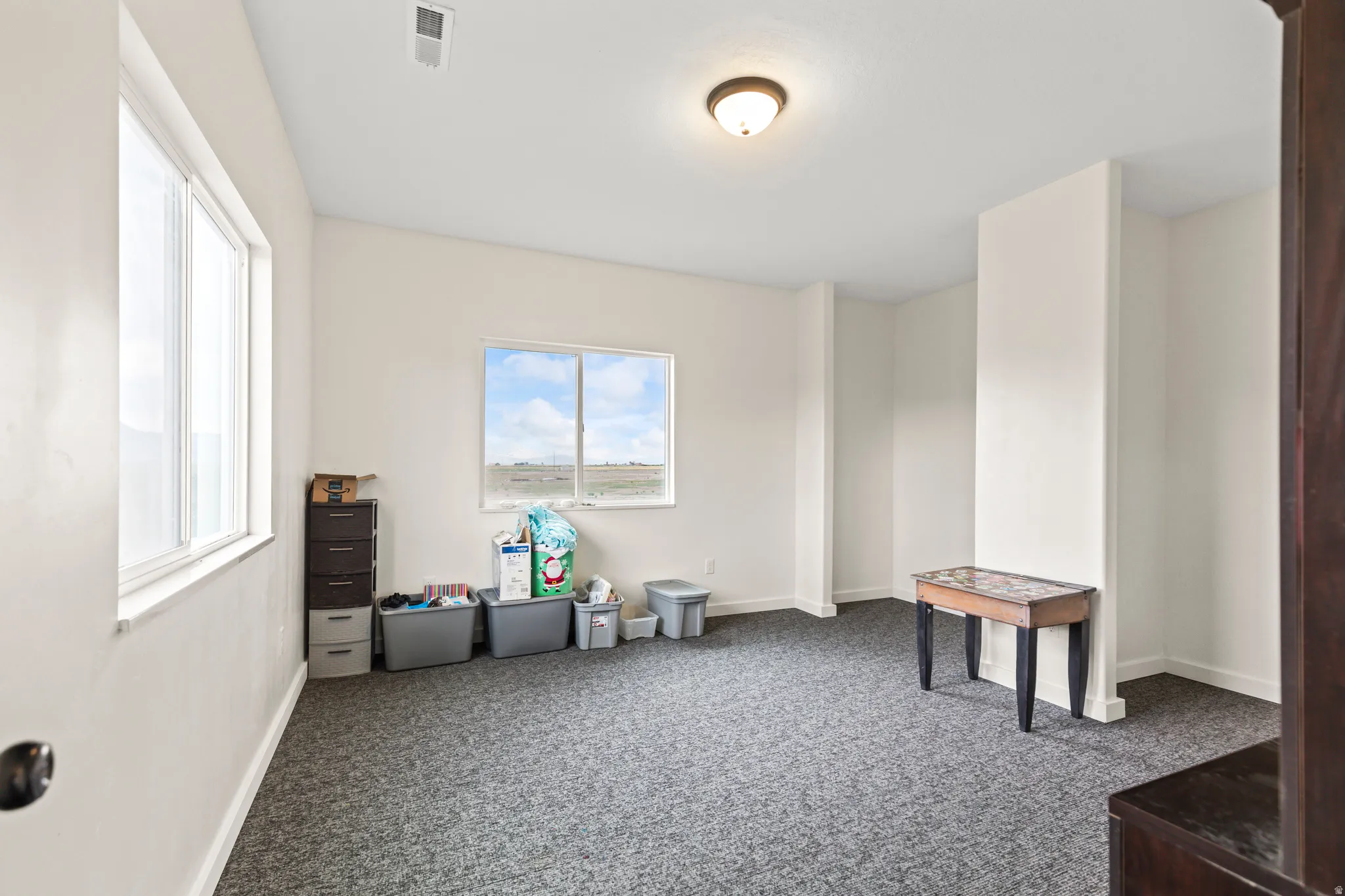 Expansive room with neutral wall tones and plush grey carpeting