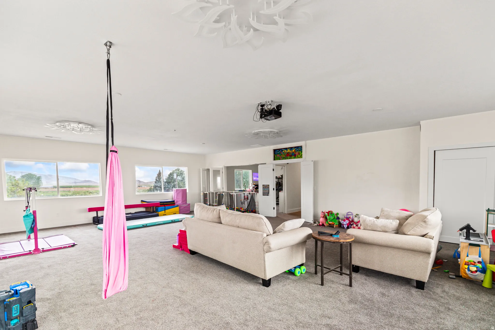 Spacious room with light gray carpeting, multiple windows, and white walls