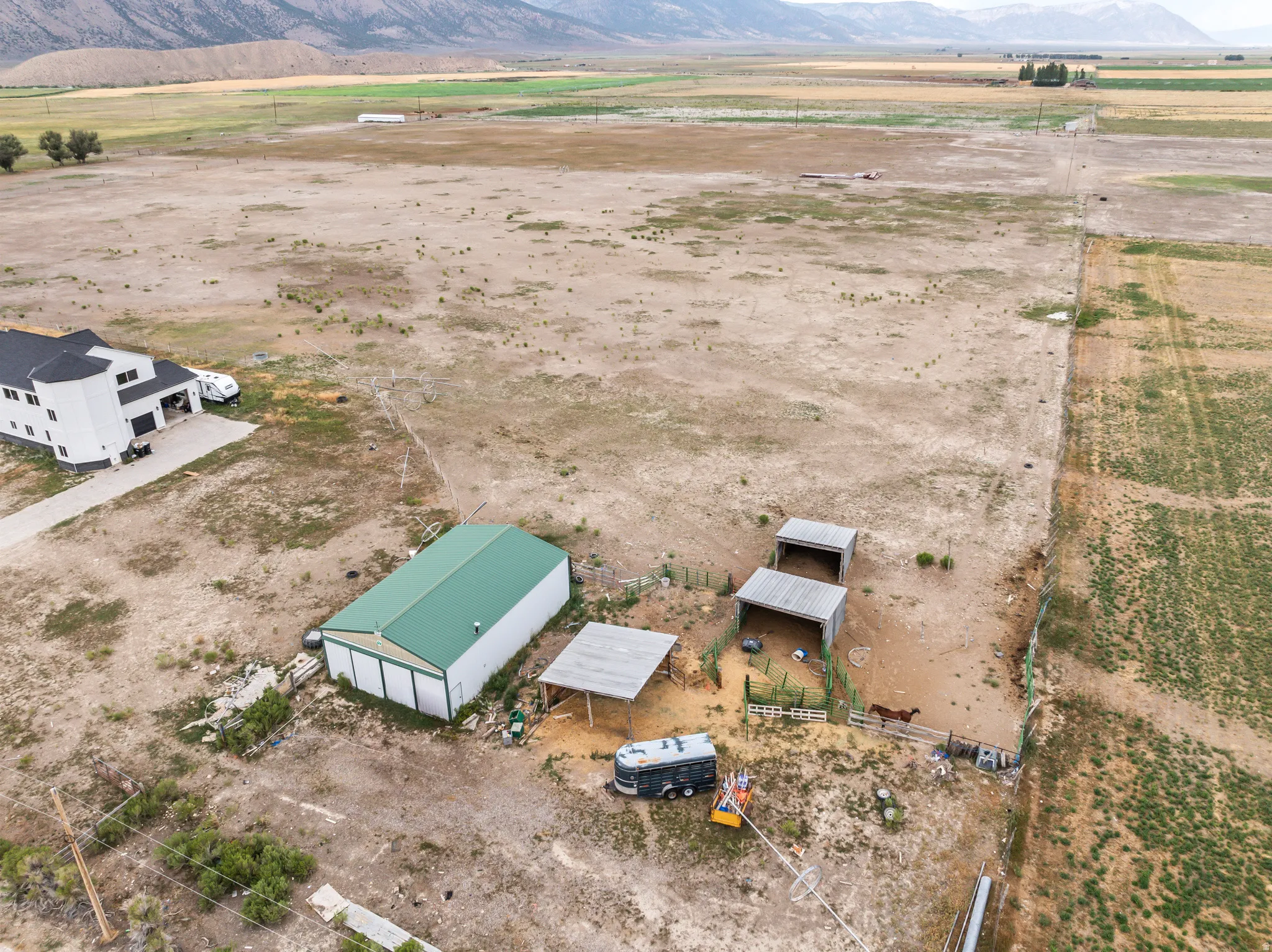 Expansive parcel featuring a main residence, a large green-roofed outbuilding, multiple animal shelters, and a fenced area
