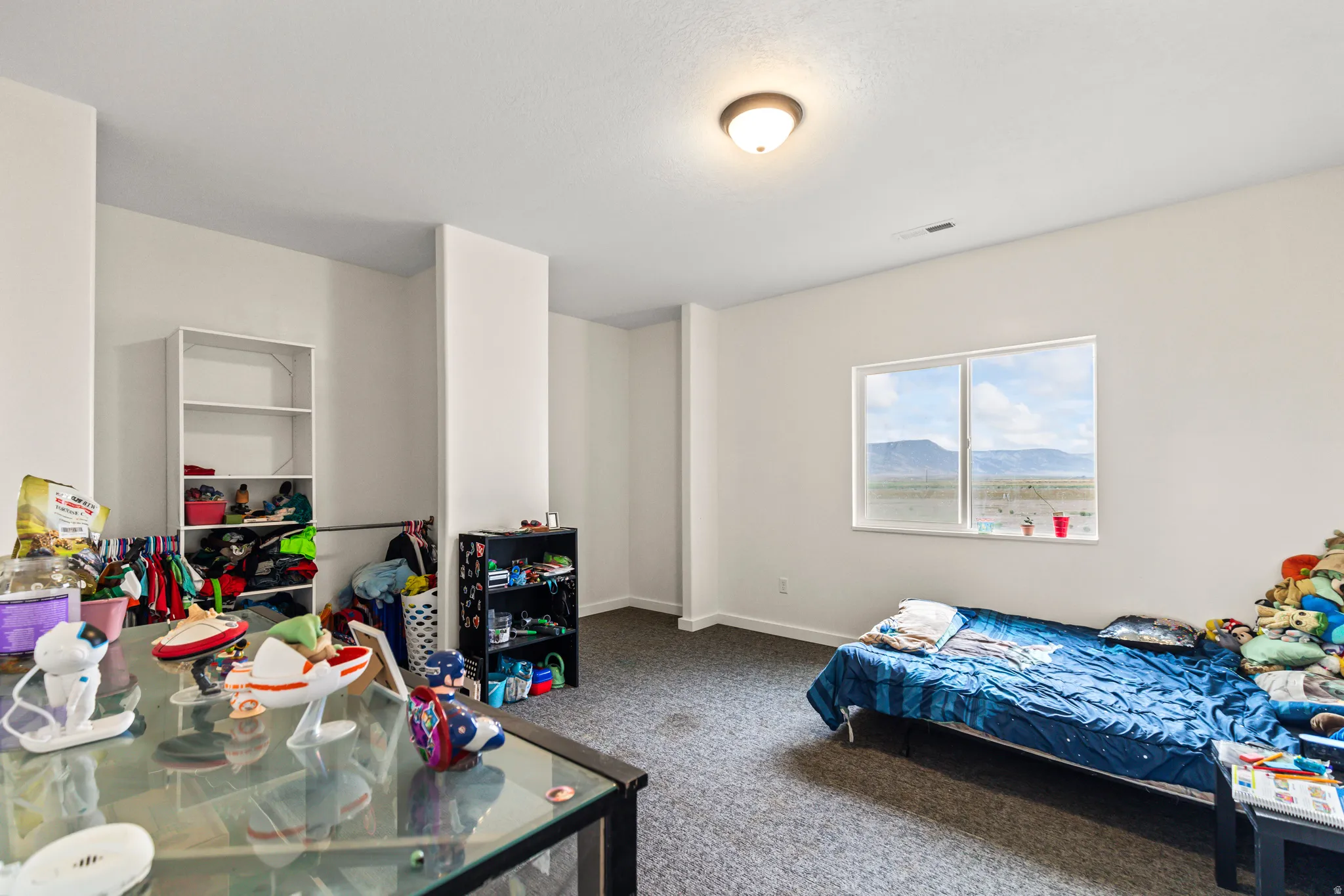 Light-toned walls, gray carpet flooring, recessed ceiling lighting, and a double-pane window