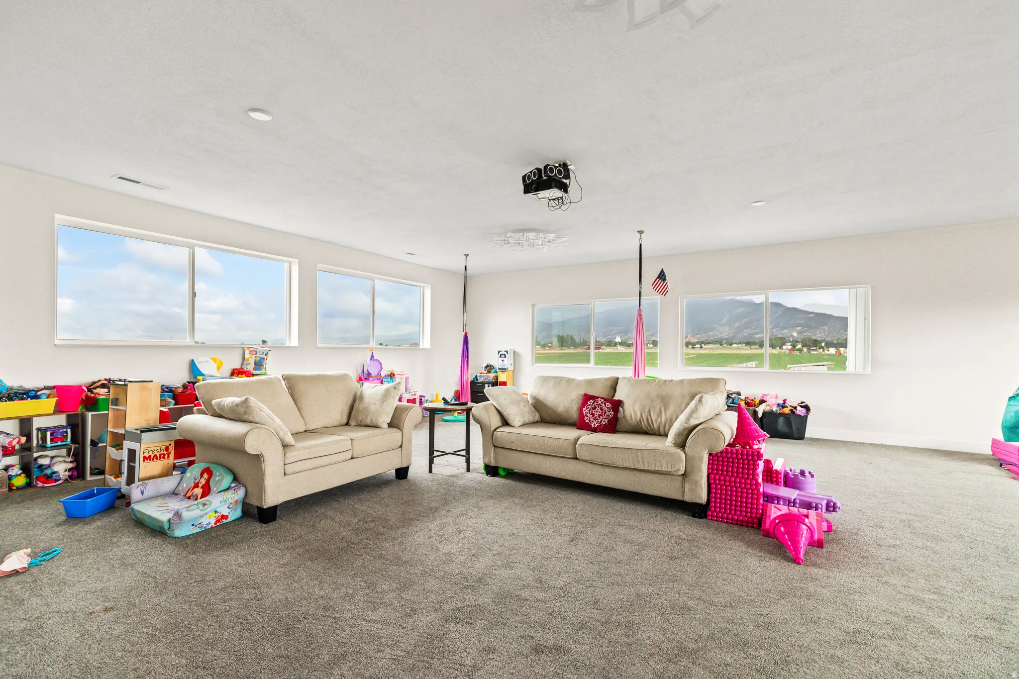 Expansive room featuring multiple horizontal windows, recessed lighting, and soft gray carpeting