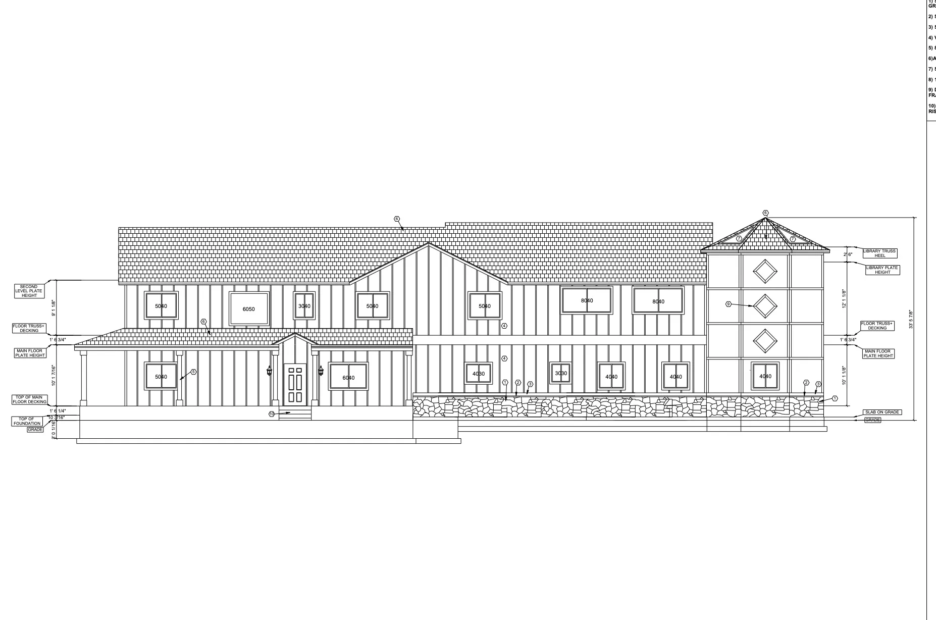 Architectural Drawing. Front elevation of the property, including specific dimensions and material indications
