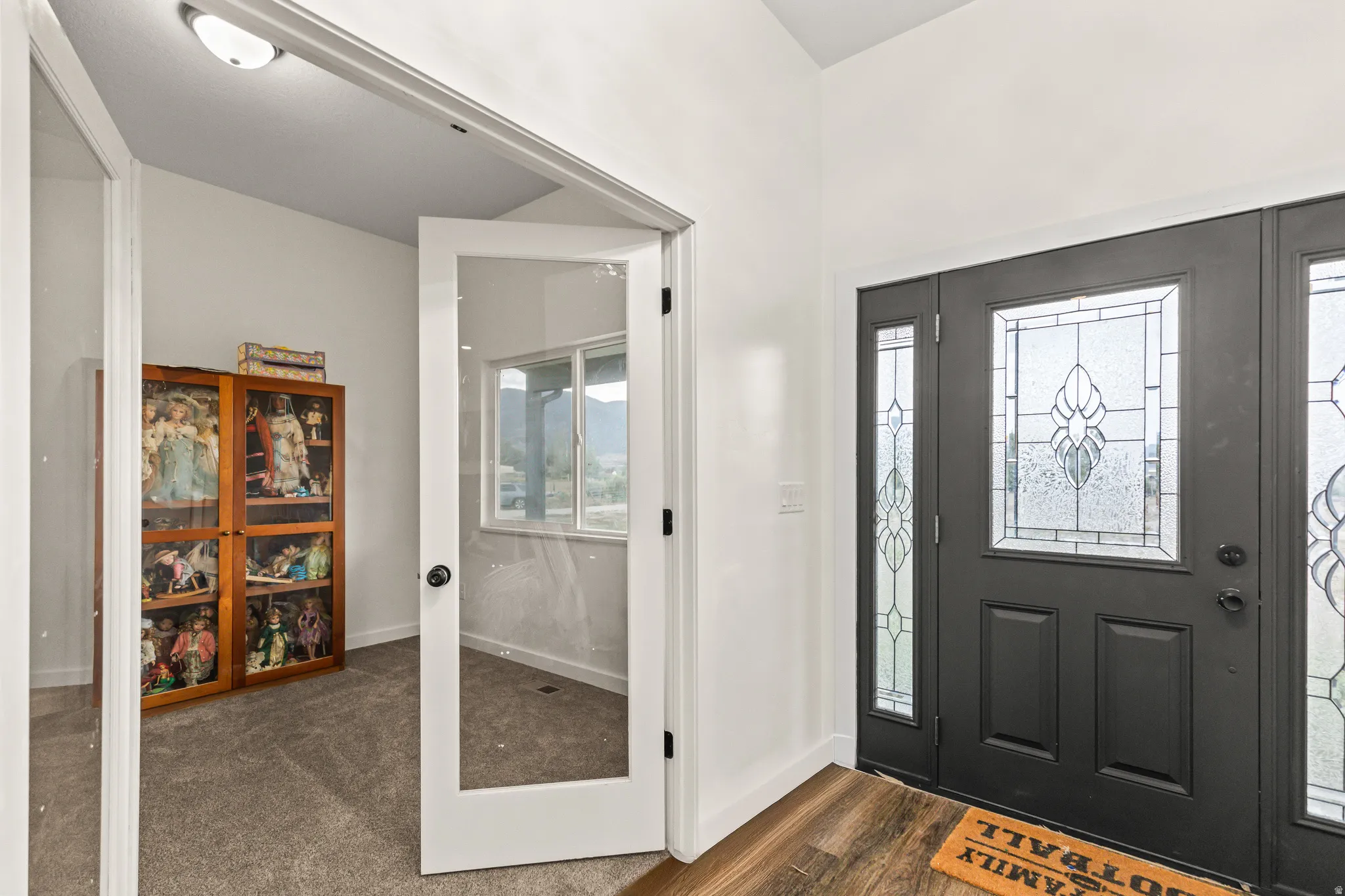 Entryway featuring wood-finish flooring and a dark-paneled door with decorative glass inserts