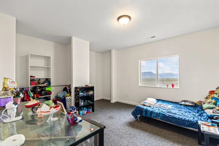 Light-toned walls, gray carpet flooring, recessed ceiling lighting, and a double-pane window