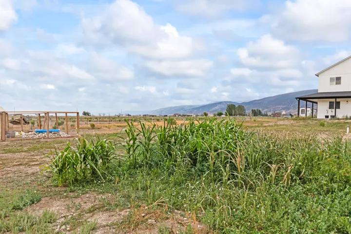Expansive agricultural grounds featuring a detached structure, mountain scenery, and a white exterior residence with a covered patio