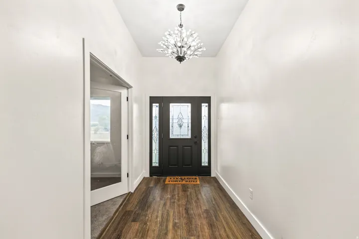 Entryway featuring wood-finish flooring, a decorative pendant light fixture, and a dark-paneled door with sidelight window details