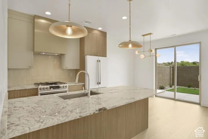 Kitchen featuring a large central island with a stone countertop, built-in sink, and integrated cabinetry