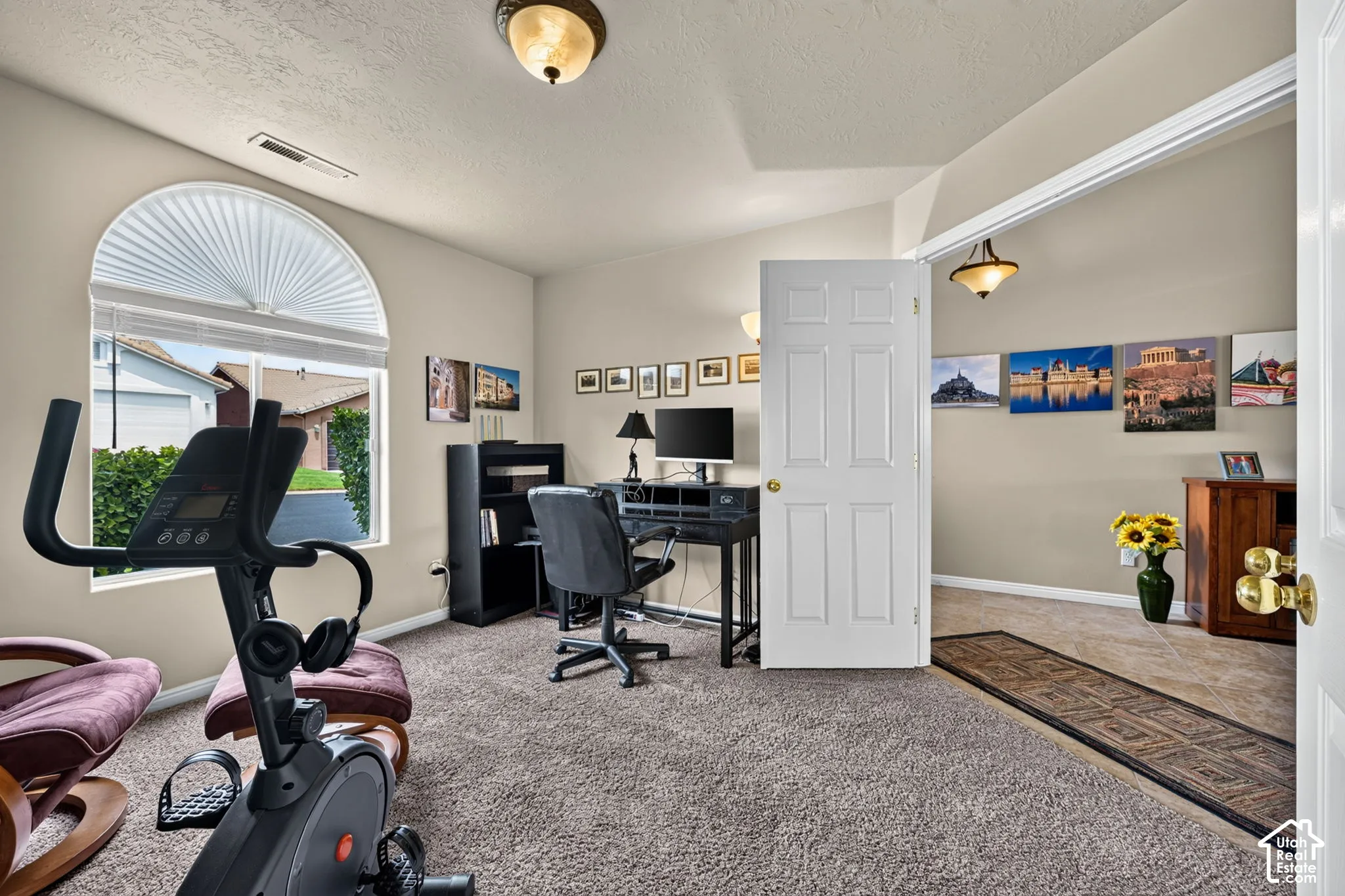 Arched window with pleated shade, neutral wall paint, paneled interior door, ceiling-mounted light fixtures, and carpeted flooring