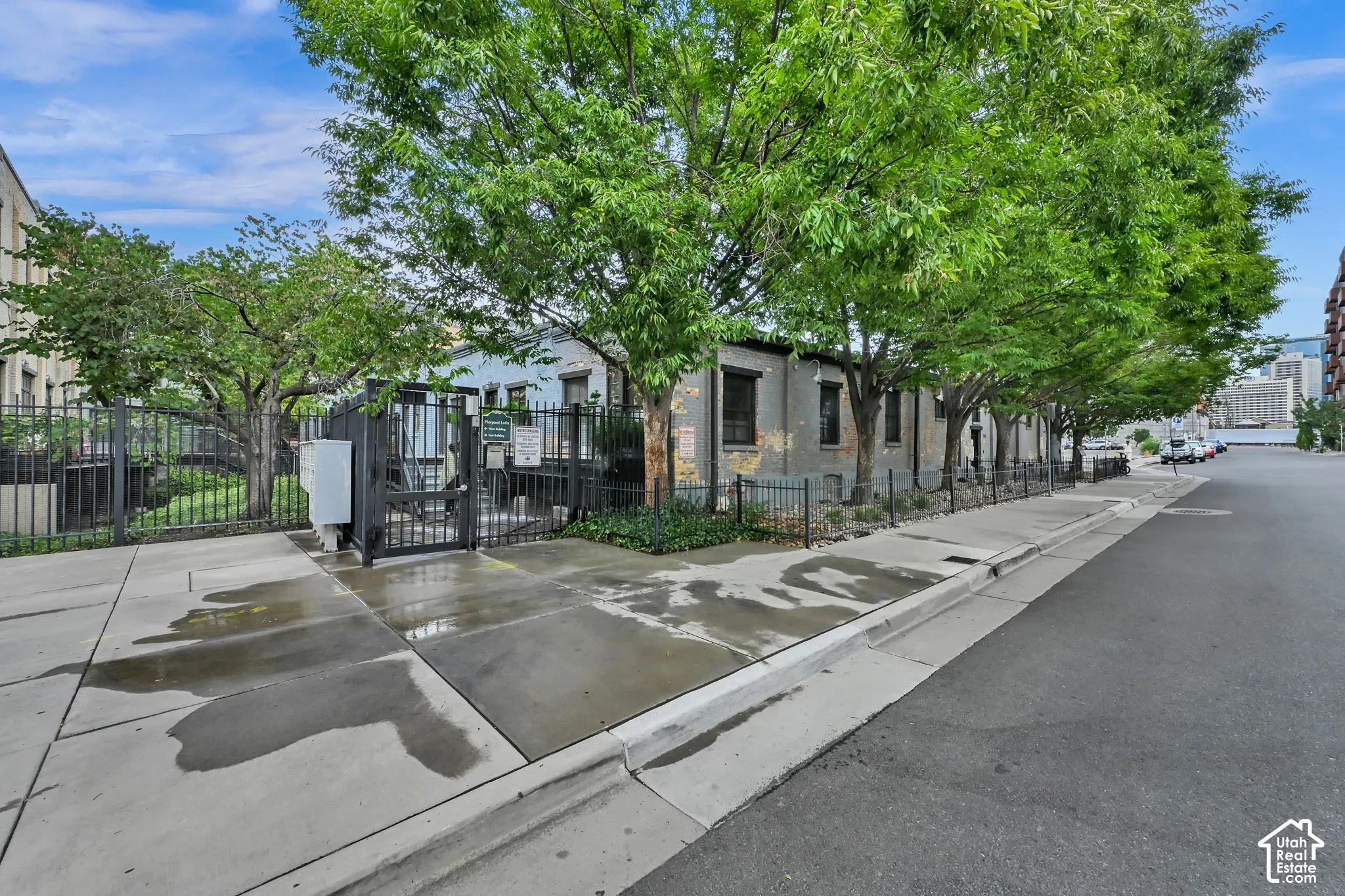 Street-level property featuring a black metal fence, mature trees, and a paved sidewalk