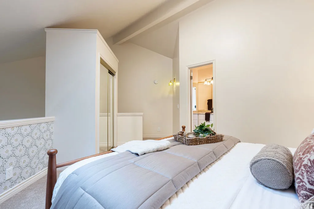 Vaulted ceilings, carpeted flooring, and a mirrored closet door