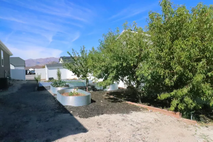 Landscaped outdoor area featuring multiple raised garden beds, mature trees, and an established garden border